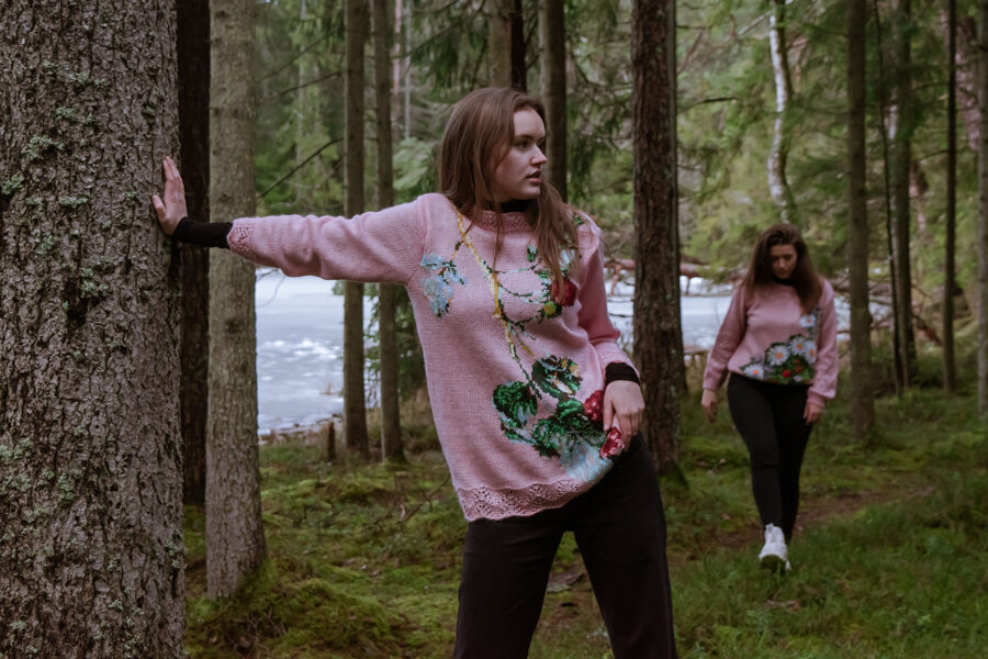 Adīts džemperis/ rozā/ ziedi (37)